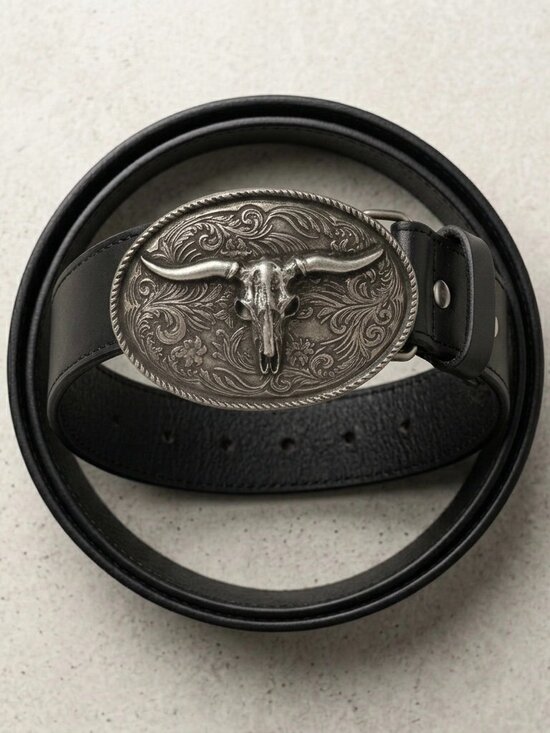 Real Leather Other - Longhorn Skull Genuine Leather Western Biker Belt Antique Silver Engraved Buckle